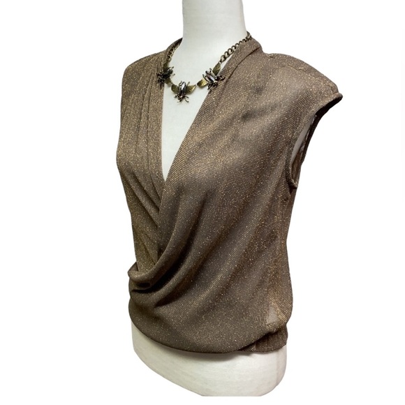 Sheer Dark Taupe With Gold Crisscross Front Blouse - Picture 2 of 4